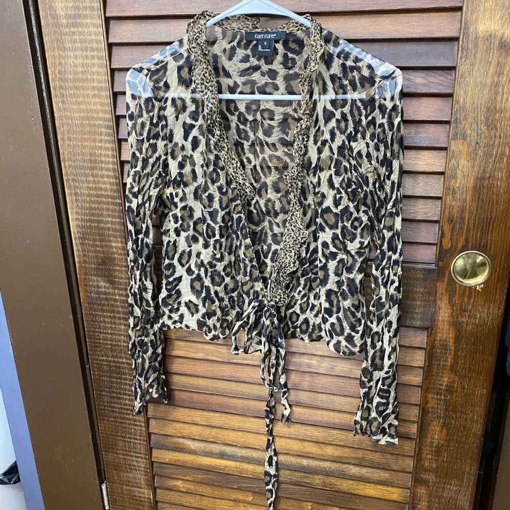 100% Silk Karen Kane Women Leopard Print Wrap Top Ruffle Sheer Long Sleeve Small